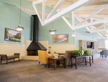 Lobby sitting area with fireplace