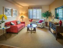 Apartment living room with an orange couch, coffee table and chair.