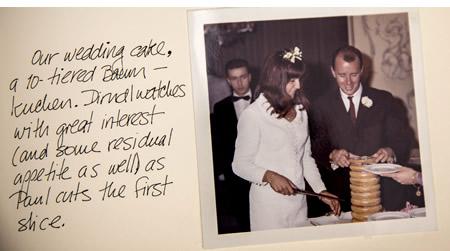 Inge's wedding photo of here and her husband cutting their wedding cake