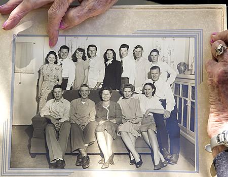 Family photo of resident Joyce Schramek with her parents and 11 siblings.