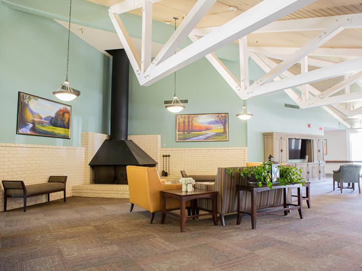 Lobby sitting area with fireplace