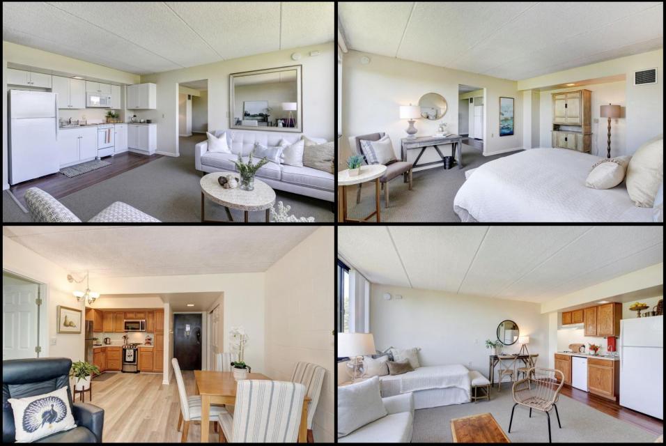 Four separate floor plan images of a bedroom with bed and bedroom furniture; living room plus kitchenette; studio apartment showing bed, kitchen and living area; and a one-bedroom apartments kitchenette, dining and living room areas. 