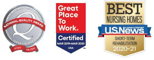Eskaton's three award icons for National Quality  for Assisted Living 2020 Silver, Great Place To Work Certified March 2019 - 2020 USA,  and  Best Nursing Home U.S. News Short-Term Rehabilitation 2020-21.