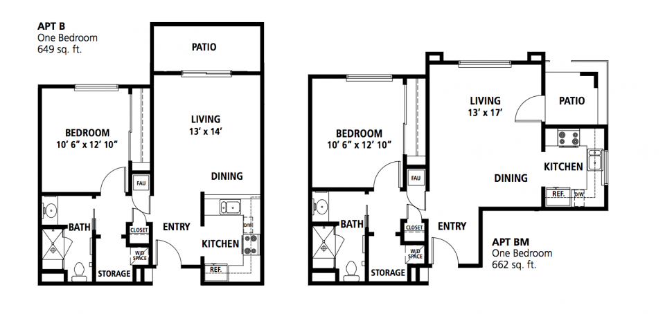 Floor plans for Apartment B one-bedroom 649 sq. ft. and Apartment BM one-bedroom 662 sq. ft.
