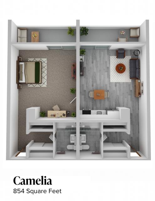 one bedroom, two bathroom suite floor plan, 854 square feet