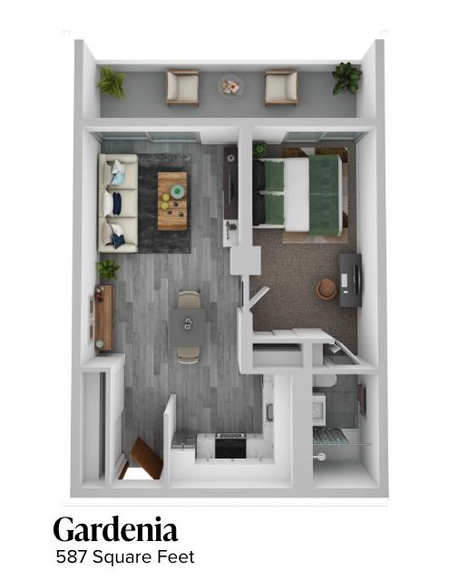 one bedroom floor plan, 587 square feet