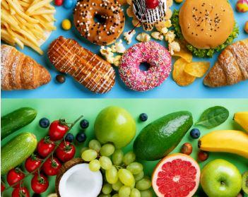 Processed Snacks verses Healthy Snacks - Donuts, fries, fruits, vegetables