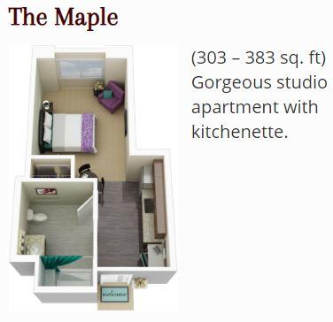 The Trousdale independent living with services / assisted living floor plan - The Maple - Gorgeous Studio Apartment with Kitchenette (303 - 383 sq. ft).)
