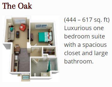 The Trousdale  independent living with services / assisted living floor plan - The Oak - Luxurious One Bedroom Suite (444 - 617 sq. ft.)