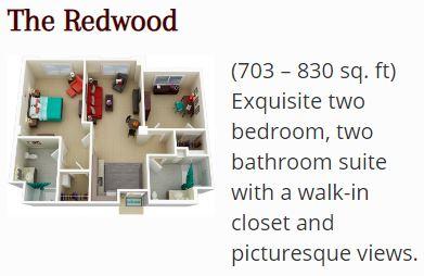 The Trousdale  independent living with services / assisted living floor plan - The Redwood - Exquisite Two Bedroom, Two Bathroom Suite (703 - 830 sq. ft.)