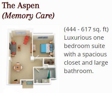 The Trousdale memory care floor plan - The Aspen - Luxurious One Bedroom Suite (444 - 617 sq. ft.)