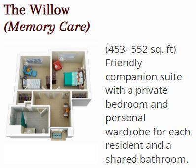 The Trousdale memory care floor plan - The Willow - Friendly Companion Suite with a Private Bedroom (435 - 552 sq. ft.)