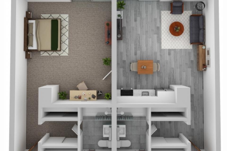 one bedroom, two bathroom suite floor plan, 854 square feet