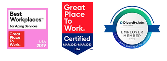 Best Workplaces for Aging Services, Great Place to Work-Certified and Diversity Jobs badges