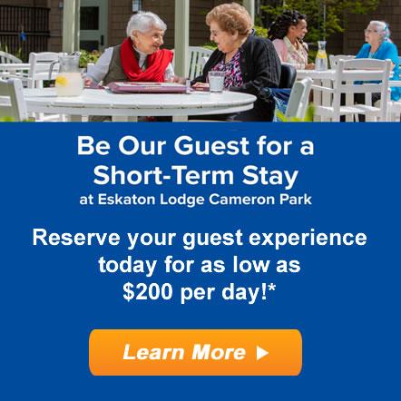 Resident and staff visiting on the patio. Be Our Guest for a Short-Term Stay at Eskaton Lodge Cameron Park